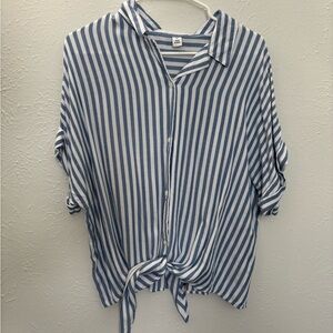 Dash Striped Blue and White Button Up Tie Front Top